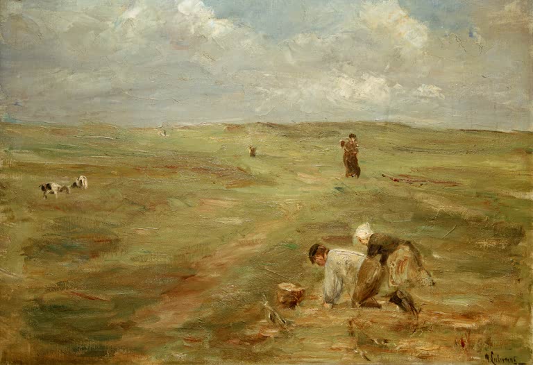 Kartoffelsammler gebückt auf weiter Dünenwiese unter hellem Himmel – Max Liebermann Kartoffelbuddler in den Dünen Kunstkopie