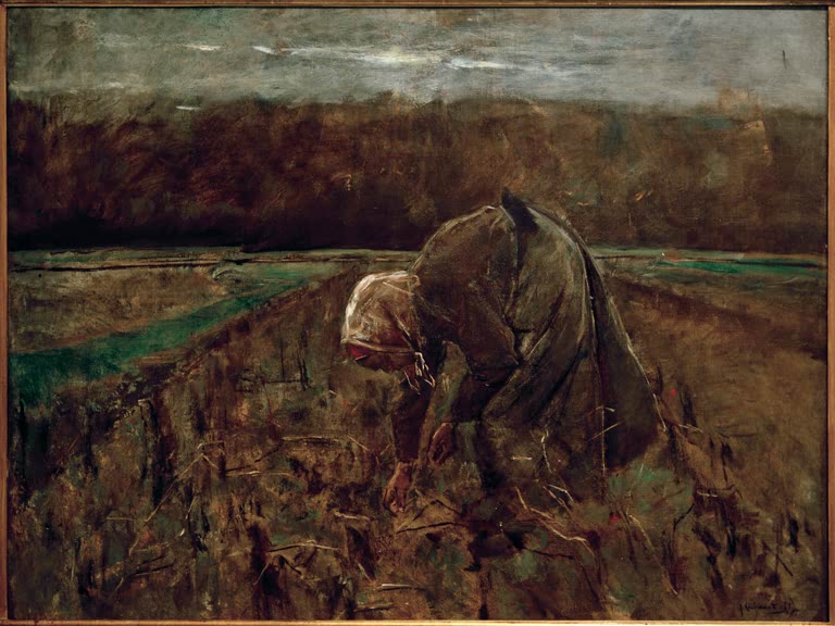 Gebückte Kartoffelsammlerin auf dunklem Feld unter grauem Himmel – Max Liebermann Kartoffelsammlerin Kunstkopie