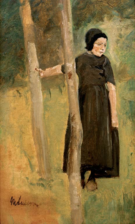 Mädchen in schwarzer Kleidung lehnt zwischen zwei Baumstämmen – Max Liebermann Kind unter Bäumen Kunstkopie