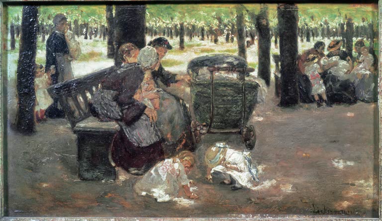 Kinder und Mütter mit Kinderwagen auf Bänken im Park – Max Liebermann Kinderspielplatz im Münchner Hofgarten Kunstkopie