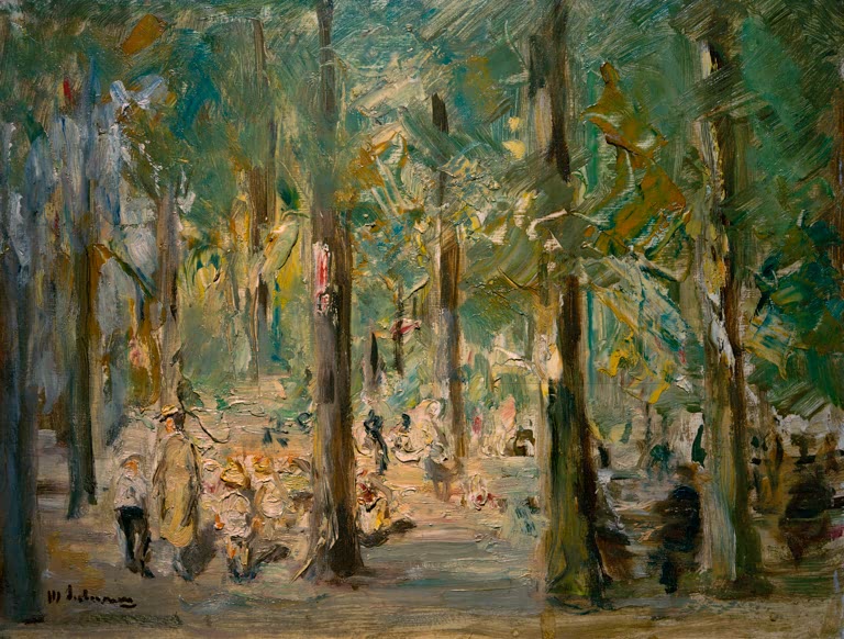 Heller Park mit hohen Bäumen und spielenden Kindern im Gegenlicht – Max Liebermann Kinderspielplatz im Tiergarten Kunstkopie