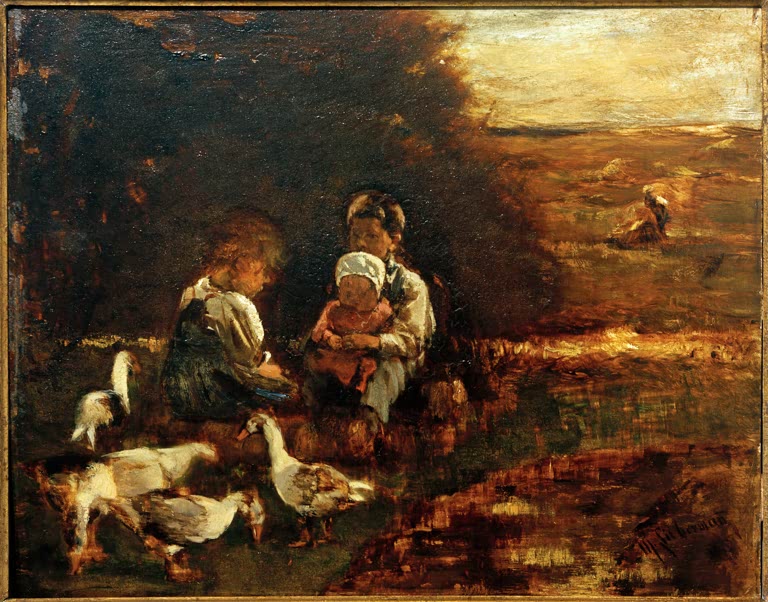 Zwei Kinder sitzen mit Gänsen am Waldrand im warmen Abendlicht – Max Liebermann Kleine Gänsehirten Kunstkopie