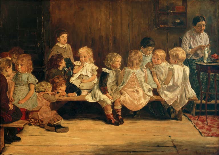 Kleinkinder sitzen aufgereiht auf einer Bank in einer Stube – Max Liebermann Kleinkinderschule in Amsterdam Kunstkopie