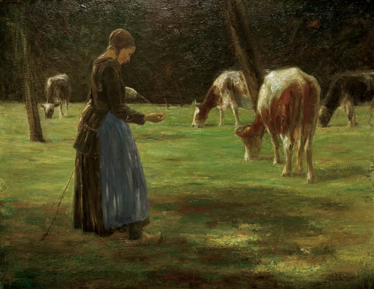 Hirtin mit Stock steht auf grüner Weide bei grasenden Kühen – Max Liebermann Kuhhirtin Kunstkopie