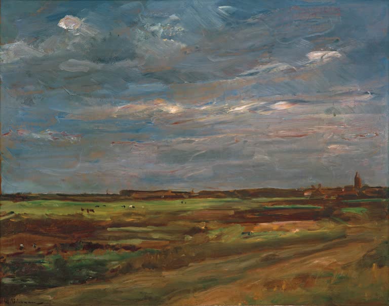 Weite Wiesenlandschaft unter bewegtem Wolkenhimmel – Max Liebermann Landschaft bei Noordwijk Kunstkopie