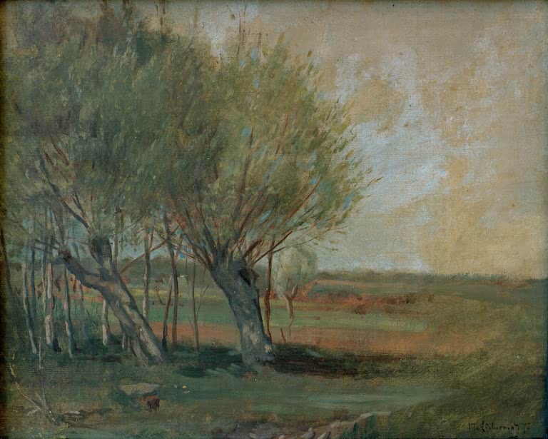 Weite Wiesenlandschaft mit Kopfweiden unter gedämpftem Himmel – Max Liebermann Landschaft mit Weiden Kunstkopie