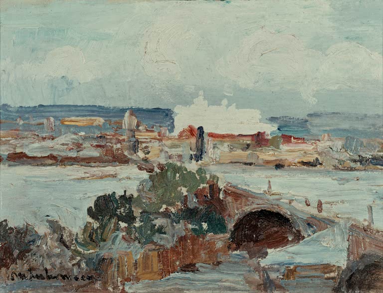 Flusslandschaft mit Brücke, Büschen und fernen Häusern unter bewölktem Himmel – Max Liebermann Landschaft Kunstkopie