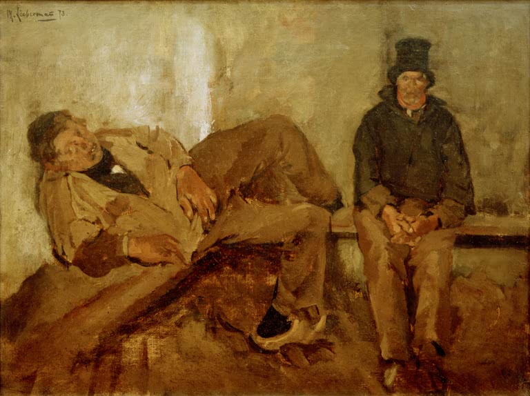 Männer in Holzschuhen sitzen und ruhen in einer dämmrigen Stube – Max Liebermann Lotsenstube Kunstkopie