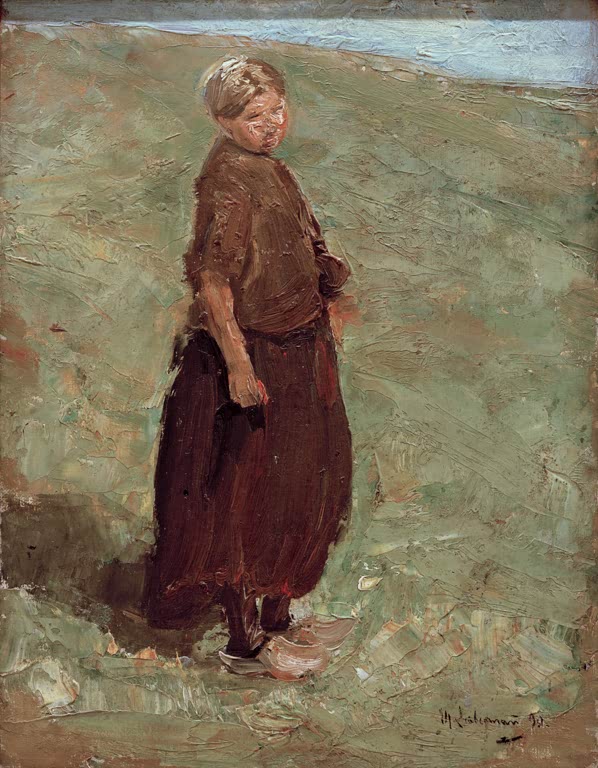 Mädchen in braunem Kleid steht seitlich auf einer grünen Düne – Max Liebermann Mädchen auf der Düne Kunstkopie