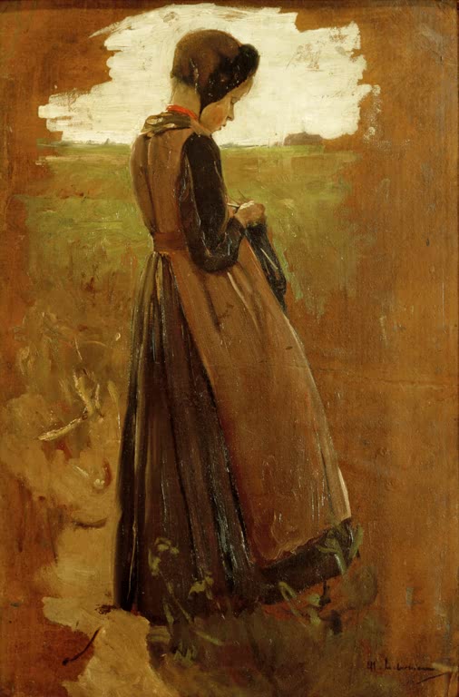 Stehendes Mädchen in langem Kleid bei Handarbeit vor grüner Wiese – Max Liebermann Mädchen aus Laren Kunstkopie