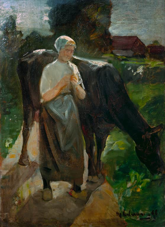 Mädchen mit weißer Haube und Schürze strickt neben einer grasenden Kuh – Max Liebermann Mädchen mit Kuh Kunstkopie