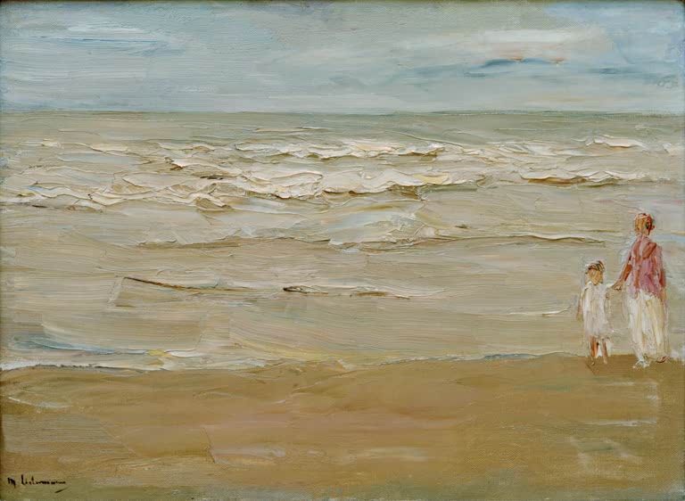 Max Liebermann Meerbild Strand und See Kunstkopie, Mutter und Kind am Strand vor rollenden Wellen und weitem Horizont