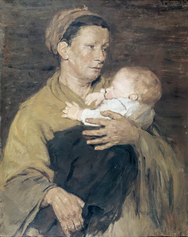 Mutter hält ihr Baby im Arm und blickt zur Seite – Max Liebermann Mutter und Kind Kunstkopie