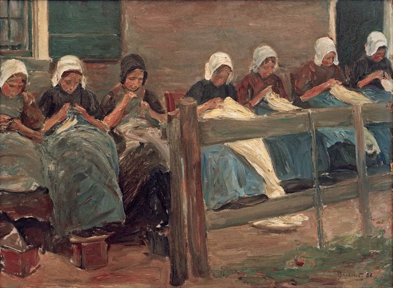 Max Liebermann Nähende Mädchen in Huyzen Kunstkopie, holländische Mädchen in Tracht beim Nähen auf einer Bank
