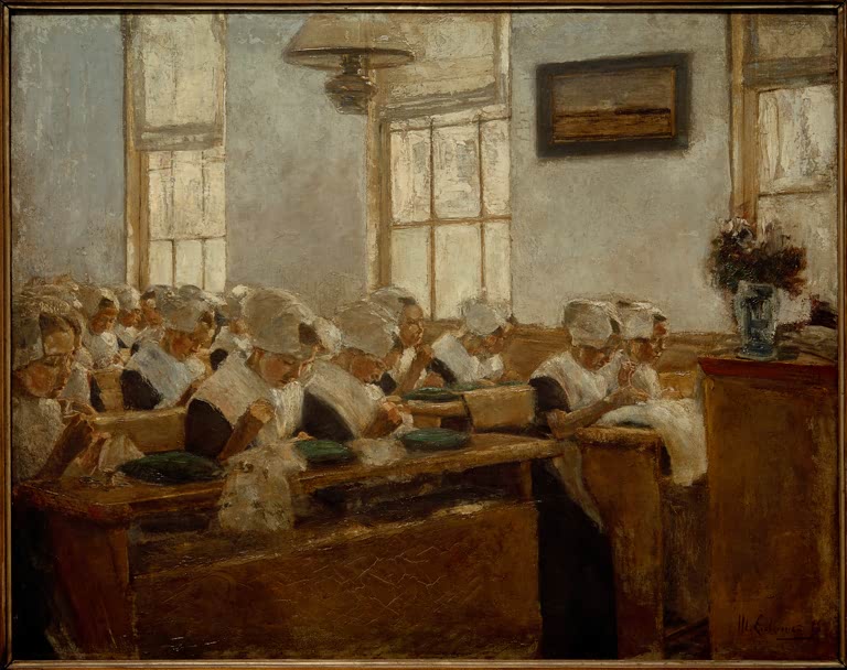 Heller Saal mit vielen Mädchen mit Hauben an langen Tischen – Max Liebermann Nähschule im Amsterdamer Waisenhaus Kunstkopie