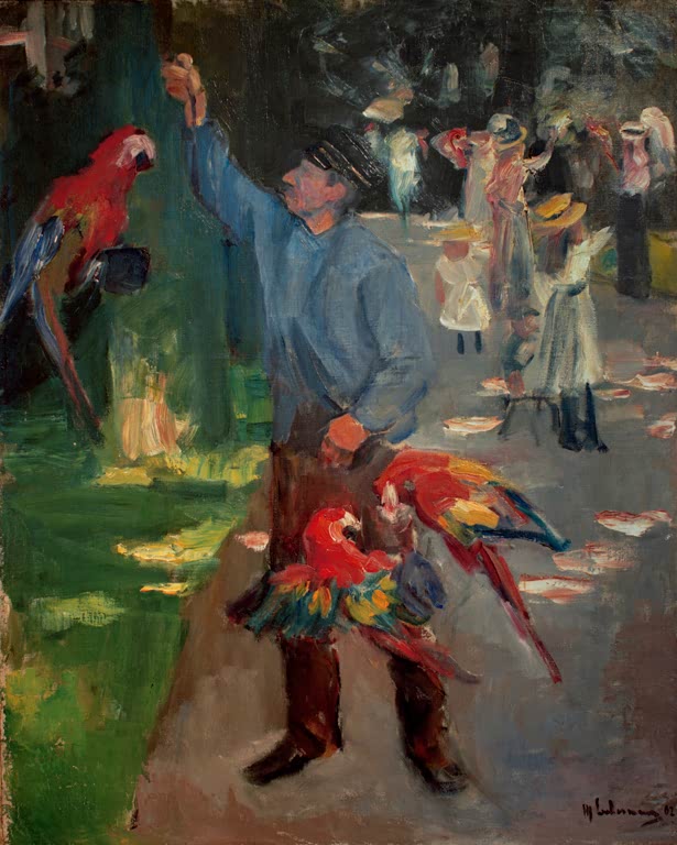 Max Liebermann Papageienmann im Amsterdamer Zoo Kunstkopie, Wärter mit rotem Ara auf erhobenem Arm vor grünem Gehege