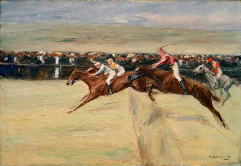 Max Liebermann Pferderennen in den Cascinen Kunstkopie, springende Rennpferde mit Jockeys vor Zuschauermenge in Florenz
