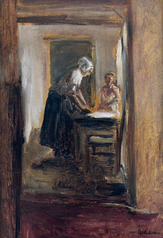 Plätterin beim Bügeln in einem Hausflur mit offener Tür, dahinter eine zweite Frau – Max Liebermann Plätterin Kunstkopie