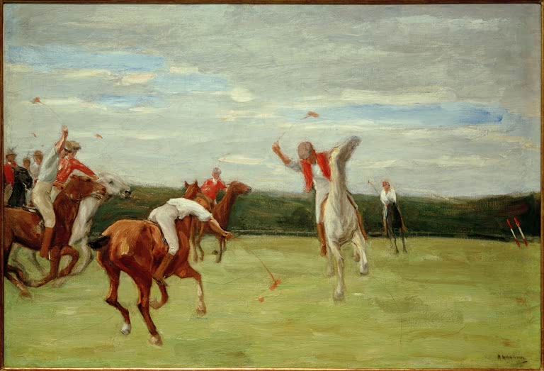 Polospieler in roten Trikots auf Pferden jagen über eine grüne Wiese – Max Liebermann Polospieler in Jenischs Park Kunstkopie