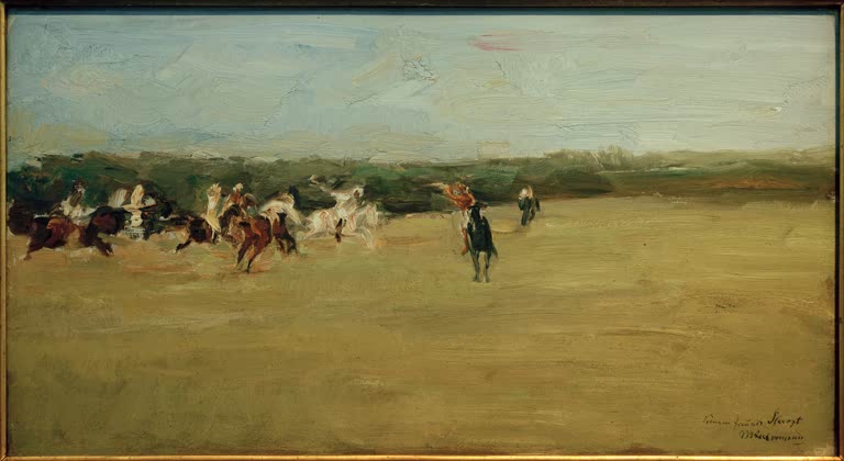 Polospieler zu Pferd auf weiter grüner Wiese unter hellem Himmel – Max Liebermann Polospieler Kunstkopie