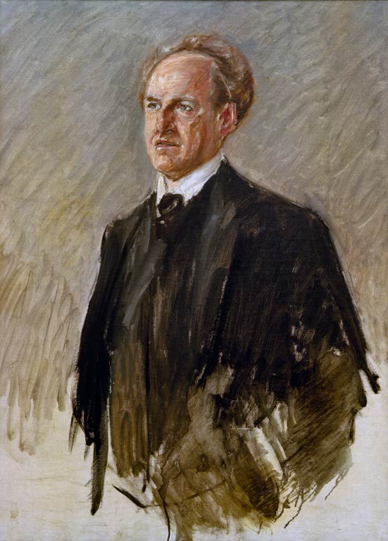 Herr mit zurückgekämmtem Haar im dunklen Mantel vor grauem Grund – Max Liebermann Porträt Gerhart Hauptmann Kunstkopie