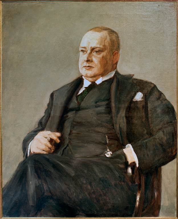 Sitzender Herr im dunklen Anzug mit Zigarre in der Hand, im Lehnstuhl – Max Liebermann Porträt Otto Wolff Kunstkopie