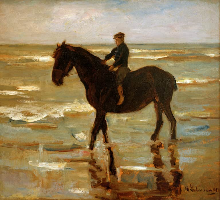 Junge auf einem dunklen Pferd reitet durch flaches Wasser am Strand – Max Liebermann Reitender Junge am Strande Kunstkopie