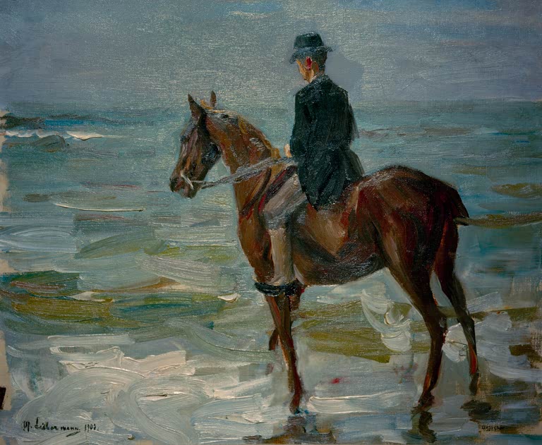 Reiter mit dunklem Hut auf braunem Pferd im flachen Wasser am Meer – Max Liebermann Reiter am Meer nach links Kunstkopie
