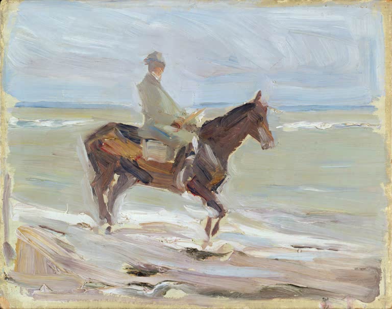 Reiter auf braunem Pferd am hellen Meeresstrand – Max Liebermann Reiter am Strand Kunstkopie