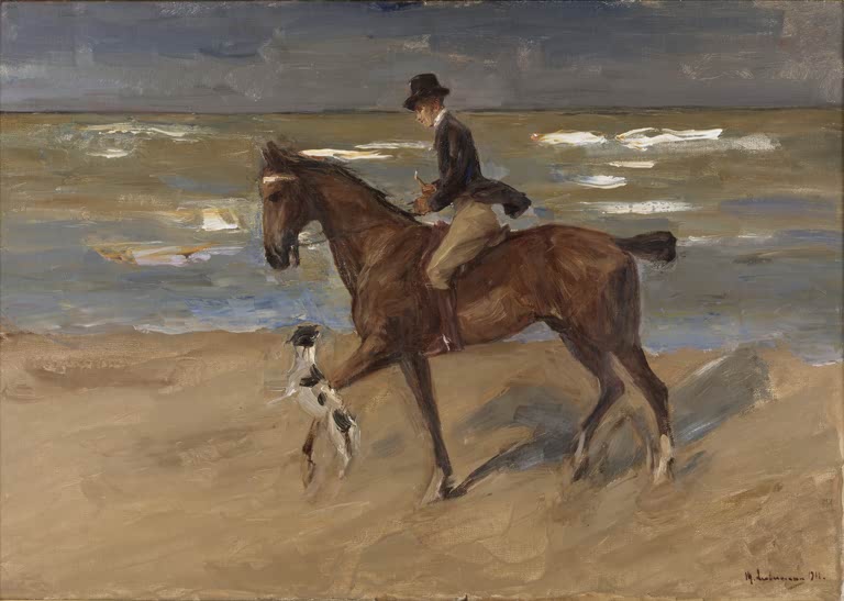 Reiter in dunkler Jacke mit Hund auf braunem Pferd am Strand – Max Liebermann Reiter am Strand Kunstkopie