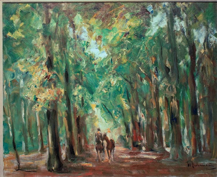Zwei Reiter auf einer Allee zwischen hohen Bäumen – Max Liebermann Reiter im Tiergarten Kunstkopie