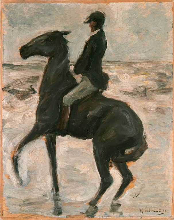 Reiter in dunkler Jacke auf aufsteigendem schwarzem Pferd am Strand – Max Liebermann Reiter nach links am Strand Kunstkopie