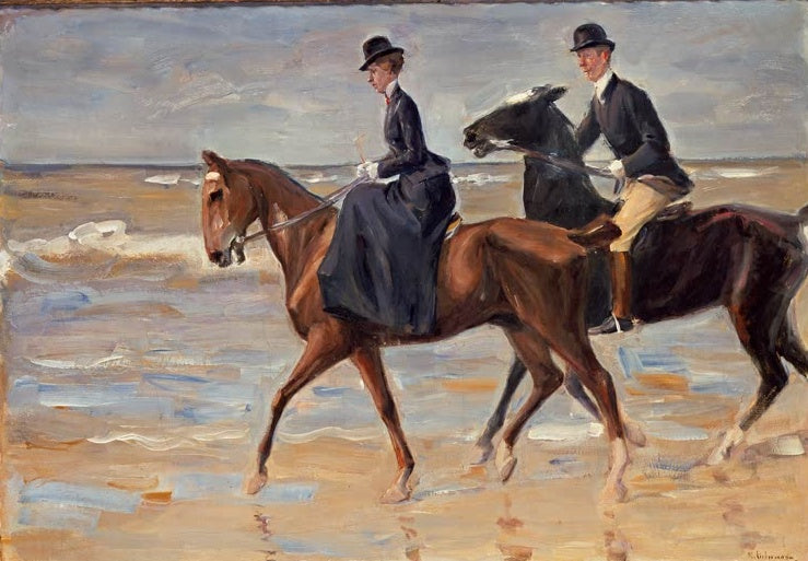 Max Liebermann Reiter und Reiterin am Strand Kunstkopie, Reiterpaar zu Pferd im flachen Wasser der Nordseeküste