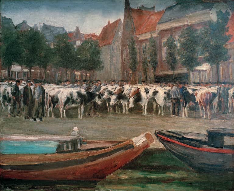 Viehmarkt mit Kühen und Männern am Kanal, davor rote Boote – Max Liebermann Rindermarkt in Leyden Kunstkopie