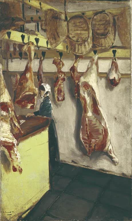 Fleischerladen mit hängenden Rinderhälften und Verkäuferin – Max Liebermann Schlächterladen in Dordrecht Kunstkopie