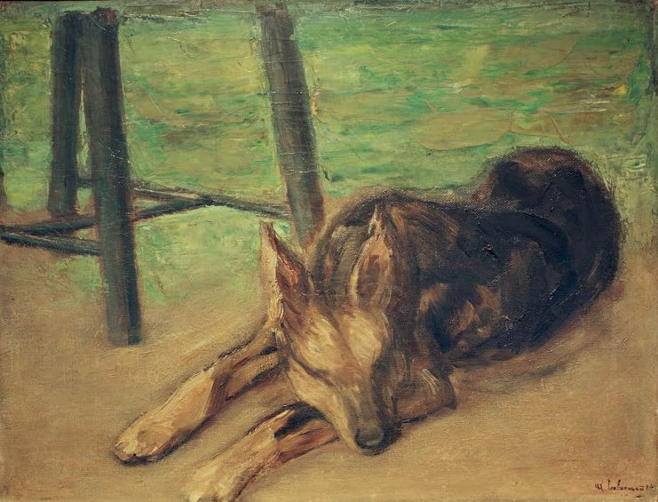 Schlafender Schäferhund auf grünem Grund zwischen Stuhlbeinen – Max Liebermann Schlafender Schäferhund Kunstkopie