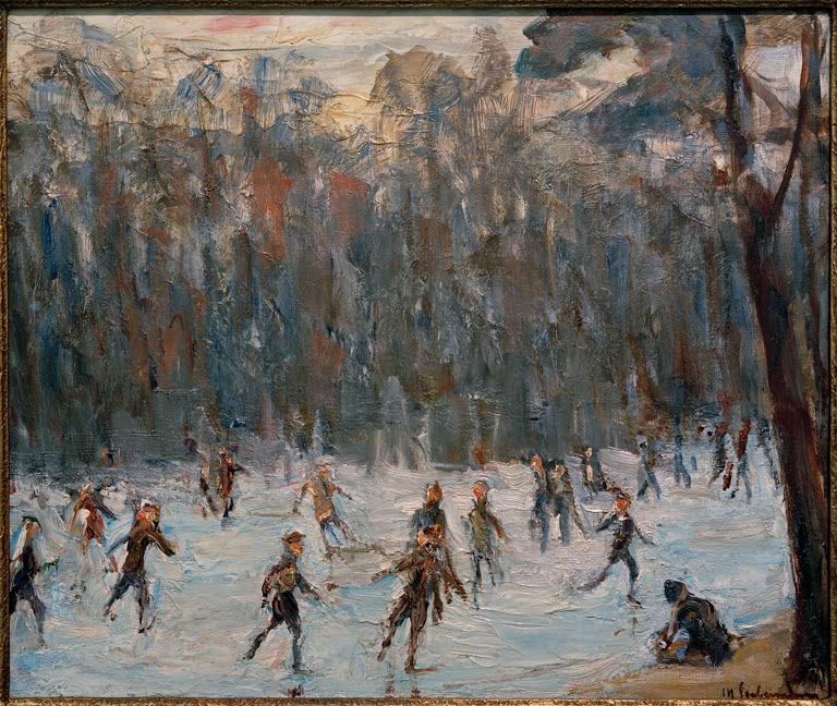 Schlittschuhläufer auf einer Eisfläche vor winterlichem Wald – Max Liebermann Schlittschuhläufer im Tiergarten Kunstkopie