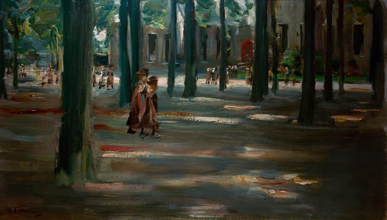 Allee mit hohen Stämmen und schmalem Licht, zwei Schulkinder gehen im Schatten – Max Liebermann Schulgang in Laren Kunstkopie