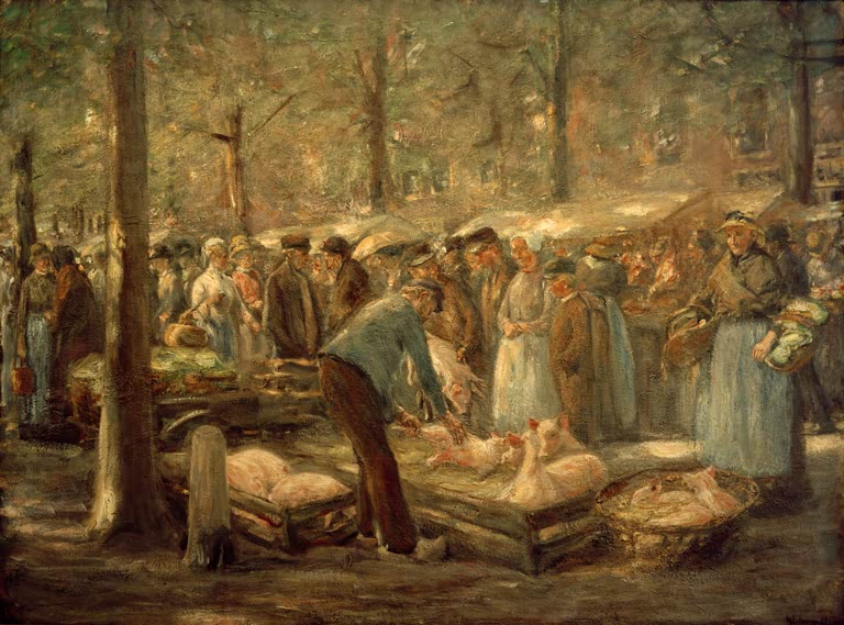 Dichtes Markttreiben unter hohen Bäumen, vorn Käufer an Ferkelkisten – Max Liebermann Schweinemarkt in Haarlem Kunstkopie