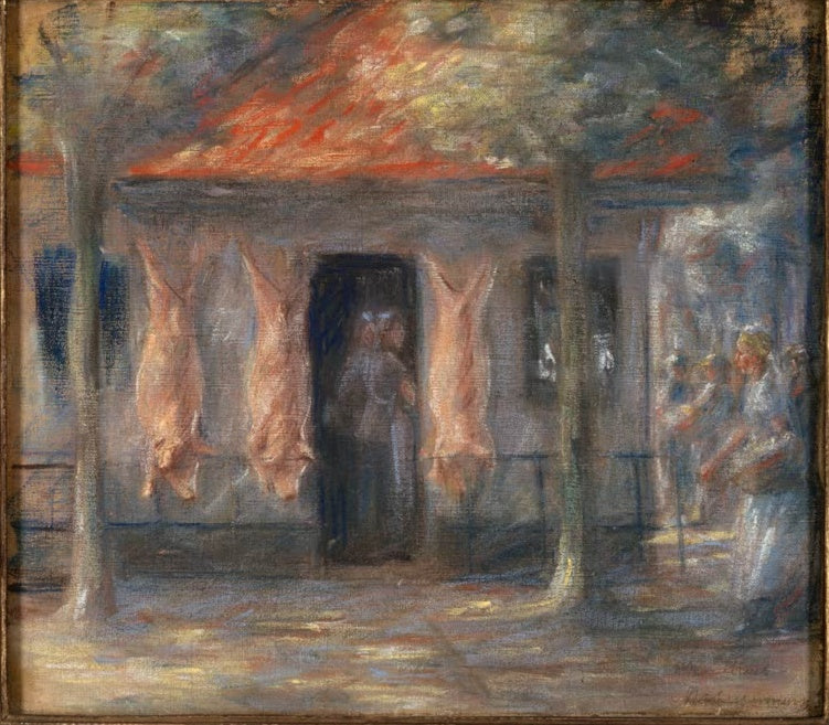 Metzgerhaus mit rot gedecktem Dach und aufgehängten Schweinehälften – Max Liebermann Schweineschlachterei Kunstkopie