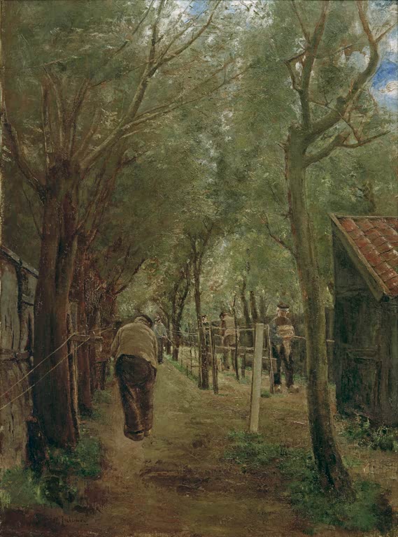 Baumallee mit hohen Weiden, kleinem Haus und zwei Männern auf dem Weg – Max Liebermann Seilerbahn Kunstkopie