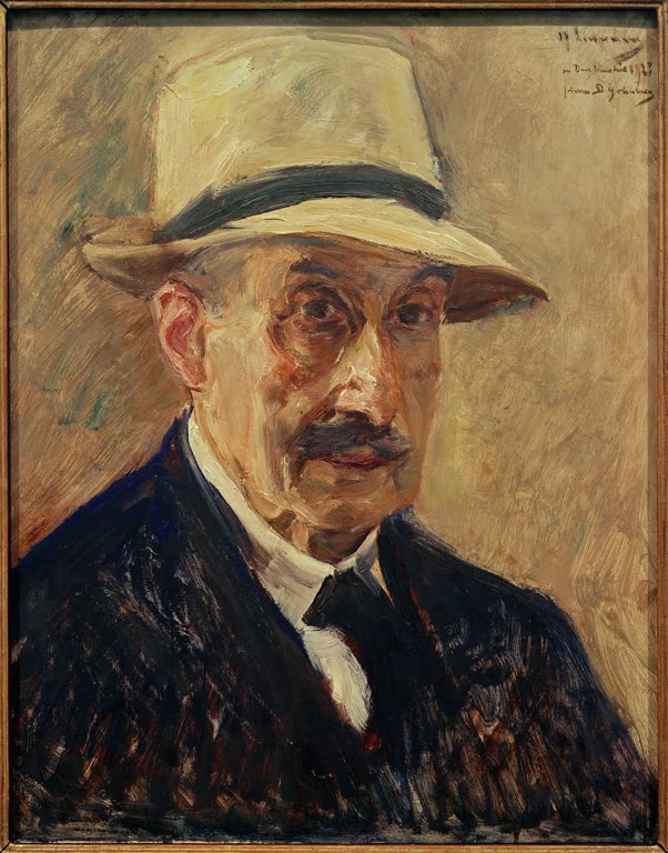 Älterer Mann mit Strohhut und Schnurrbart, Brustbild in dunklem Anzug – Max Liebermann Selbstbildnis mit Strohhut Kunstkopie