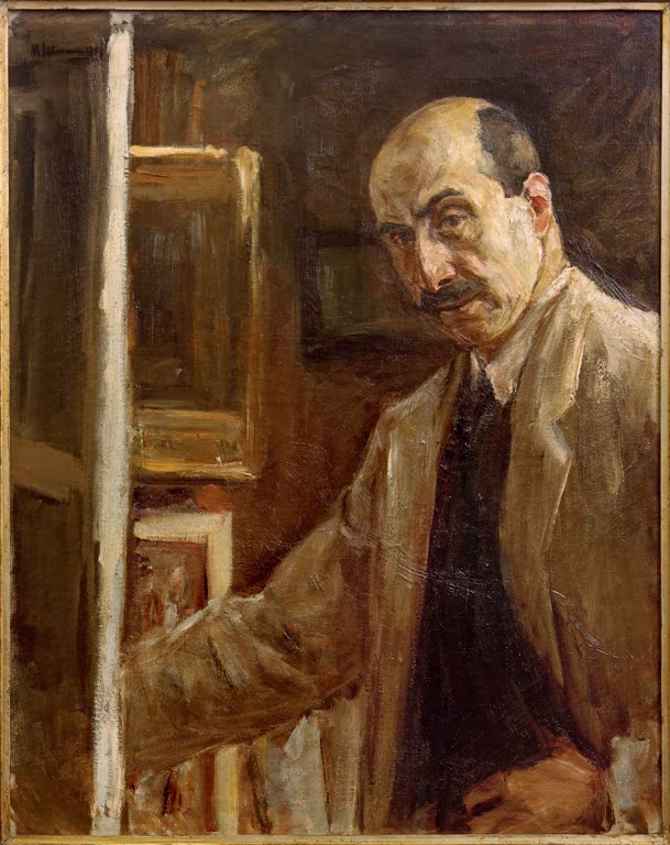 Mann in hellem Anzug blickt neben der Staffelei zum Betrachter – Max Liebermann Selbstbildnis an der Staffelei Kunstkopie