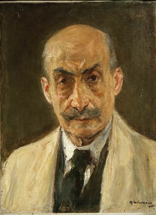 Max Liebermann Selbstbildnis im Malerkittel Kunstkopie, Brustbild des Malers mit Schnurrbart in cremefarbenem Kittel