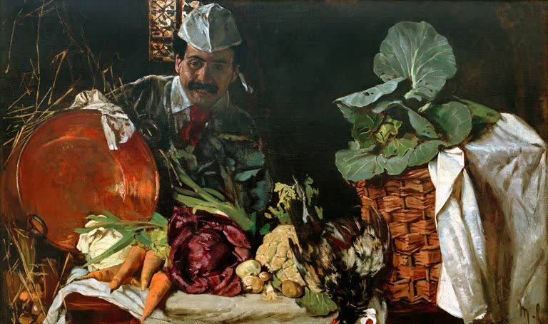 Mann mit Kochmütze hinter Kupferkessel, Kohl, Gemüse und Korb – Max Liebermann Selbstbildnis mit Küchenstilleben Kunstkopie