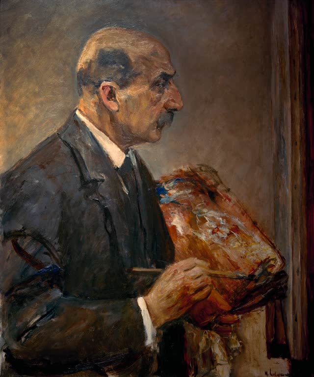 Maler mit Palette und Pinsel an der Staffelei im Profil nach rechts – Max Liebermann Selbstbildnis mit Palette Kunstkopie