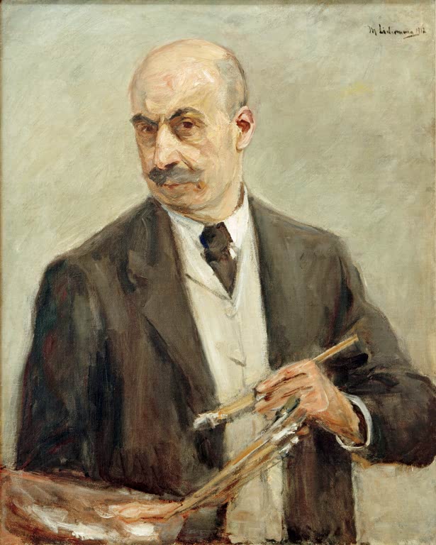 Maler im dunklen Anzug hält Pinsel und Palette, Brustbild nach links – Max Liebermann Selbstbildnis mit Palette Kunstkopie