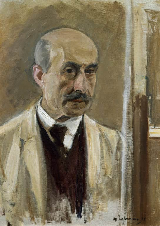 Maler in hellem Jackett mit Halbglatze vor einer Staffelei – Max Liebermann Selbstbildnis vor der Staffelei Kunstkopie