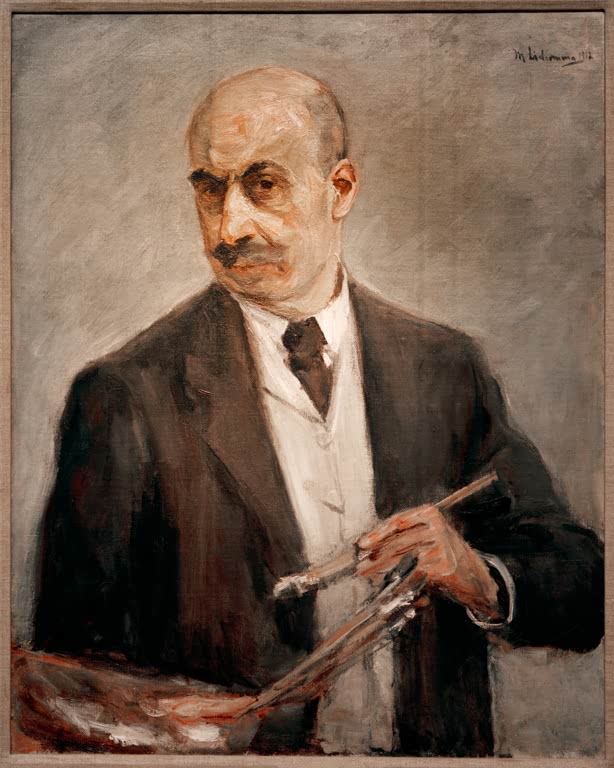 Glatzköpfiger Maler im dunklen Anzug hält Pinsel und Palette – Max Liebermann Selbstbildnis Kunstkopie