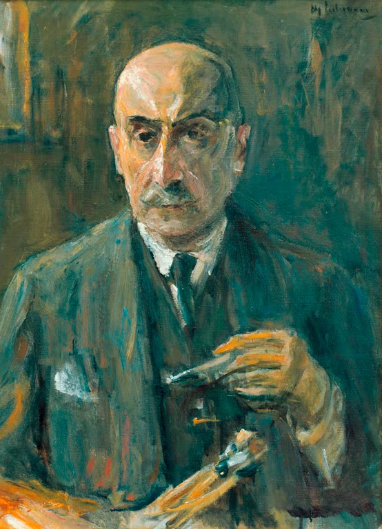 Mann in grüner Jacke hält einen Pinsel, Brustbild vor grünlichem Grund – Max Liebermann Selbstbildnis Kunstkopie